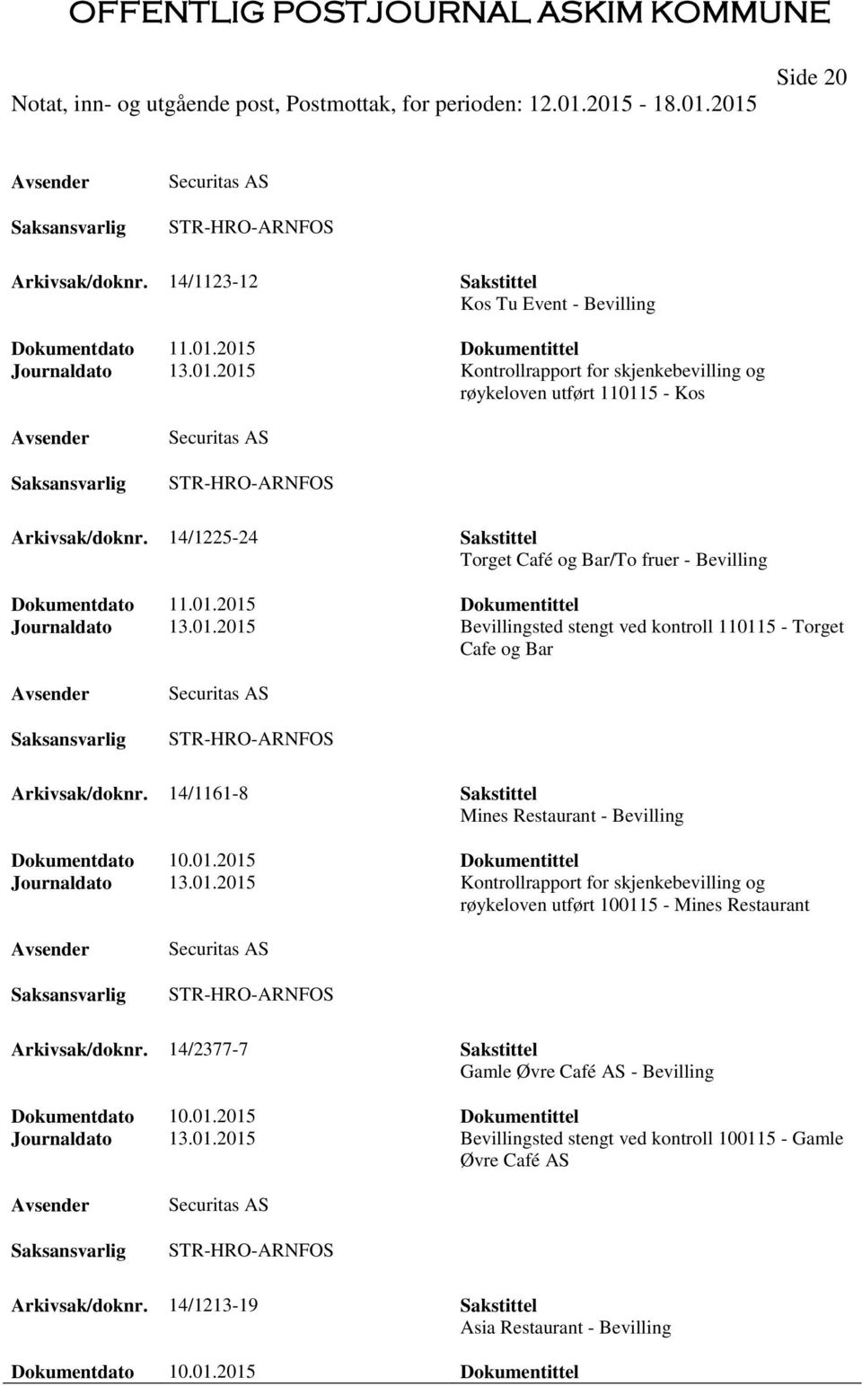 14/1225-24 Sakstittel Torget Café og Bar/To fruer - Bevilling Dokumentdato 11.01.2015 Dokumentittel Journaldato 13.01.2015 Bevillingsted stengt ved kontroll 110115 - Torget Cafe og Bar Securitas AS STR-HRO-ARNFOS Arkivsak/doknr.