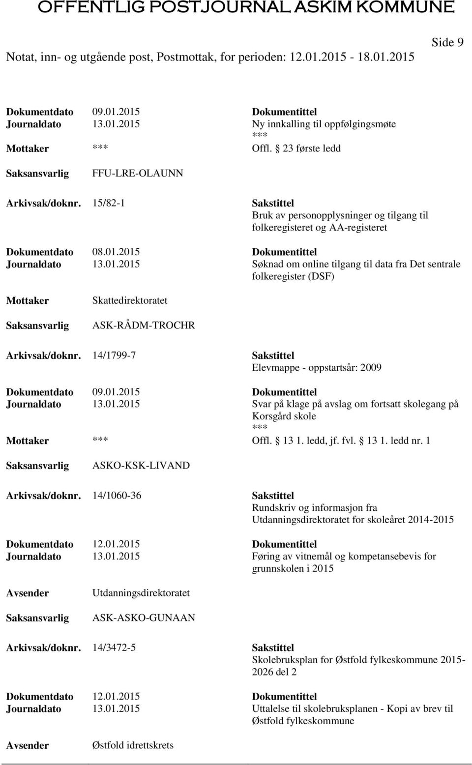 2015 Dokumentittel Journaldato 13.01.2015 Søknad om online tilgang til data fra Det sentrale folkeregister (DSF) Skattedirektoratet ASK-RÅDM-TROCHR Arkivsak/doknr.