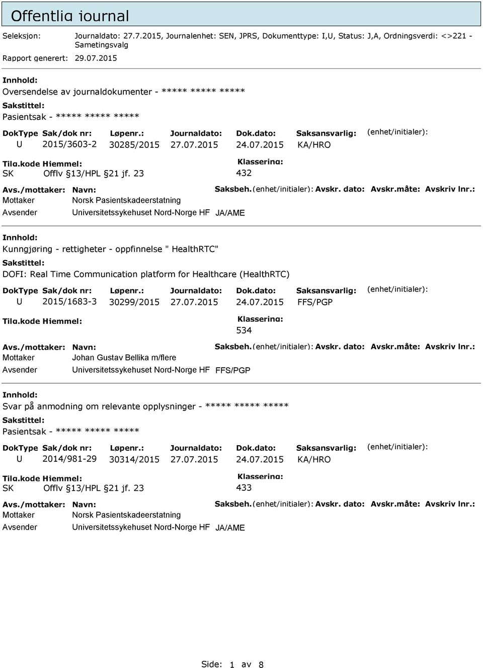 : niversitetssykehuset Nord-Norge HF Kunngjøring - rettigheter - oppfinnelse " HealthRTC" DOF: Real Time Communication platform for Healthcare (HealthRTC) 2015/1683-3 30299/2015 FFS/PGP 534 Avs.