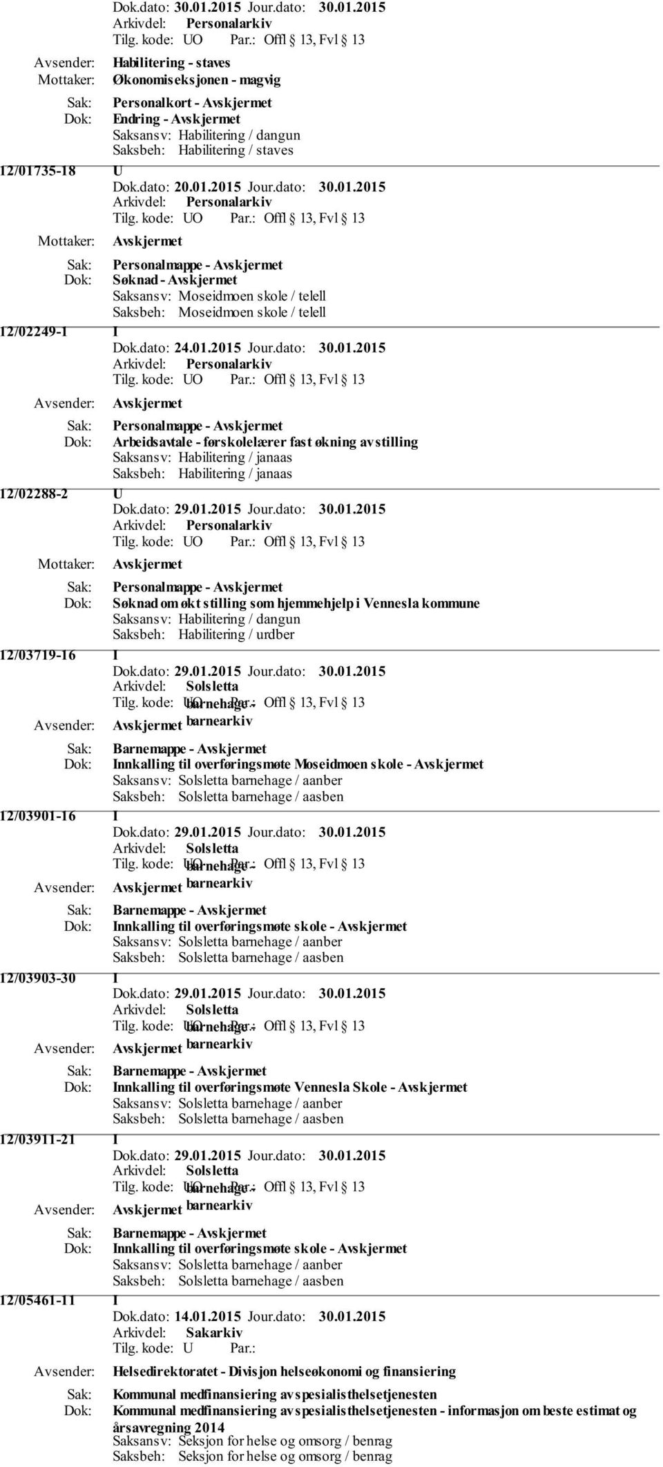 2015 Avskjermet Personalmappe - Avskjermet Søknad - Avskjermet 12/02249-1 I Dok.dato: 24.01.2015 Jour.