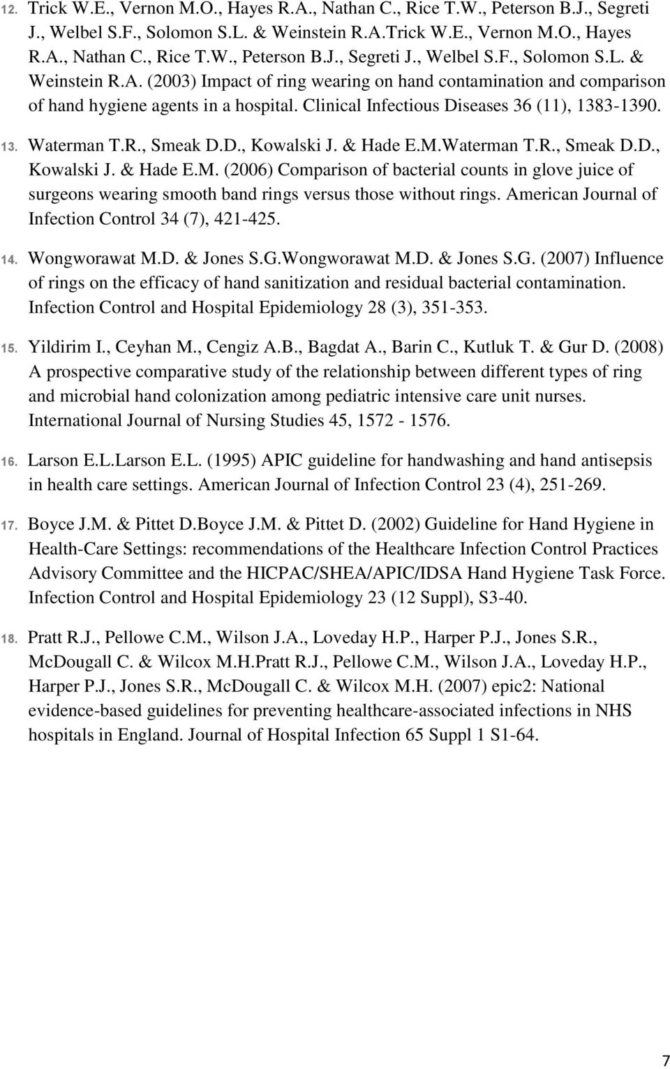 Waterman T.R., Smeak D.D., Kowalski J. & Hade E.M. (2006) Comparison of bacterial counts in glove juice of surgeons wearing smooth band rings versus those without rings.