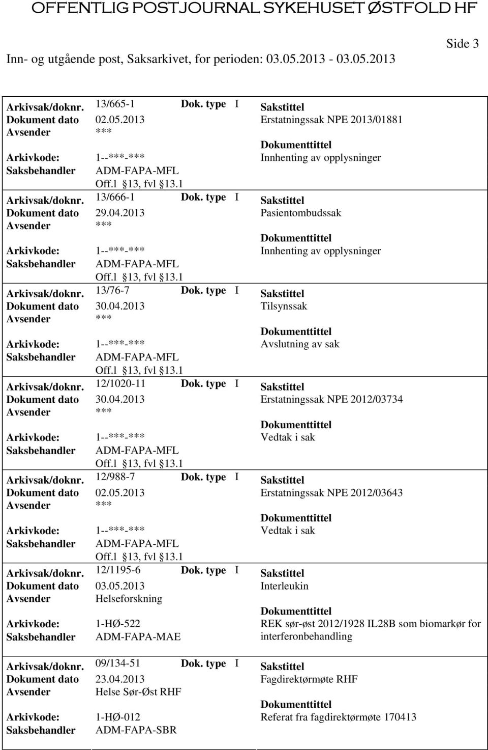 type I Sakstittel Erstatningssak NPE 2012/03643 Vedtak i sak Arkivsak/doknr. 12/1195-6 Dok. type I Sakstittel Dokument dato 03.05.