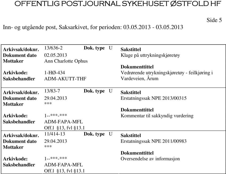 utrykningskjøretøy - feilkjøring i Saksbehandler ADM-AKUTT-THF Vardeveien, Årum Arkivsak/doknr. 13/83-7 Dok.