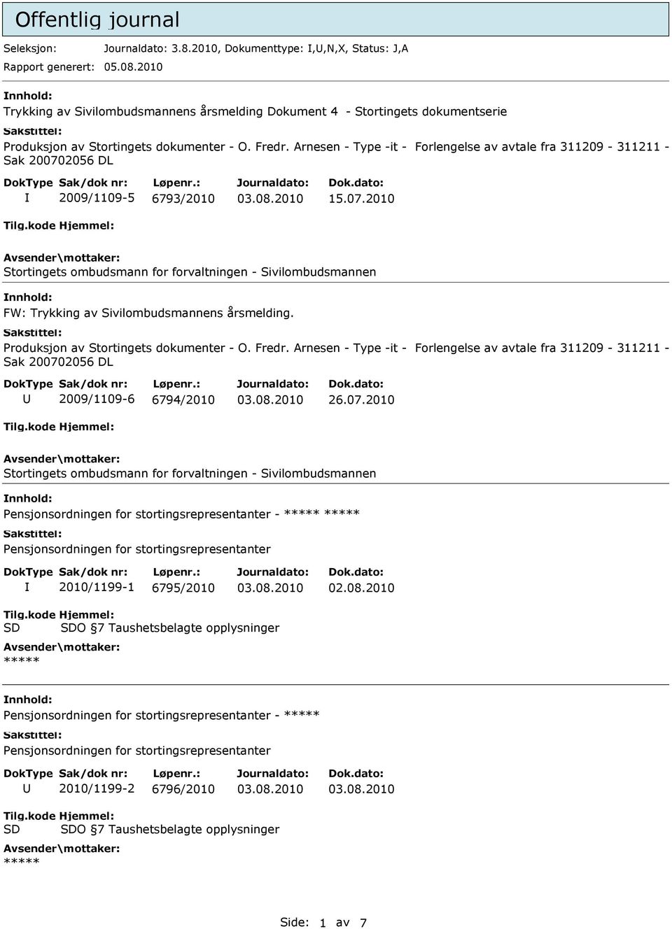 Arnesen - Type -it - Forlengelse av avtale fra 311209-311211 - Sak 200702056 DL 2009/1109-5 6793/2010 15.07.2010 Stortingets ombudsmann for forvaltningen - Sivilombudsmannen FW: Trykking av Sivilombudsmannens årsmelding.