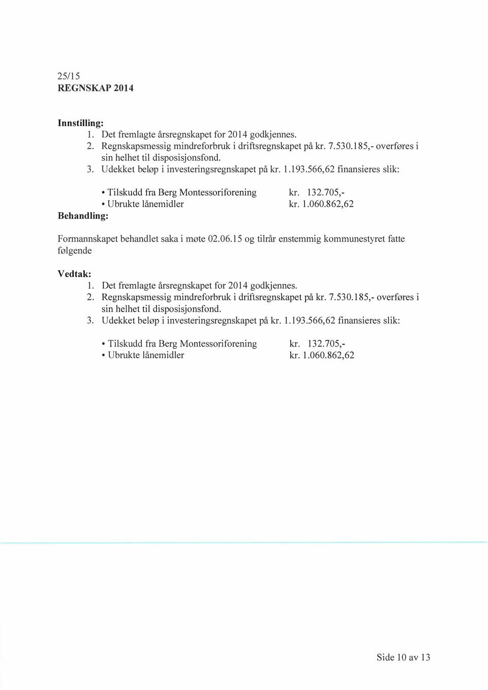 566,62 finansieres slik: Behandling: Tilskudd fra Berg Montessoriforening Ubrukte lånemidler kr. 132.705, kr. 1.060.862,62 Formannskapet behandlet saka i møte 02.06. 15 og tilrår enstemmig kommunestyret fatte følgende Vedtak: l.