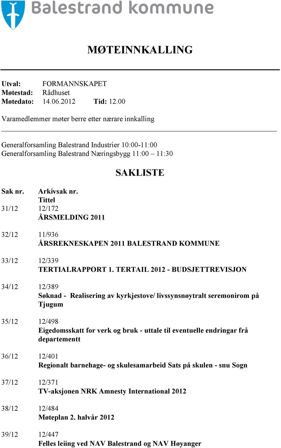 Tittel 31/12 12/172 ÅRSMELDING 2011 SAKLISTE 32/12 11/936 ÅRSREKNESKAPEN 2011 BALESTRAND KOMMUNE 33/12 12/339 TERTIALRAPPORT 1.