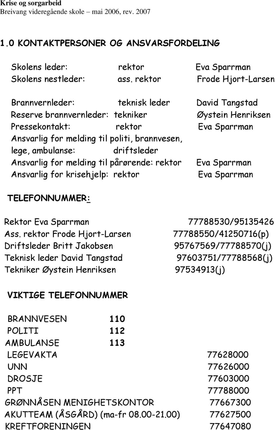 brannvesen, lege, ambulanse: driftsleder Ansvarlig for melding til pårørende: rektor Eva Sparrman Ansvarlig for krisehjelp: rektor Eva Sparrman TELEFONNUMMER: Rektor Eva Sparrman 77788530/95135426