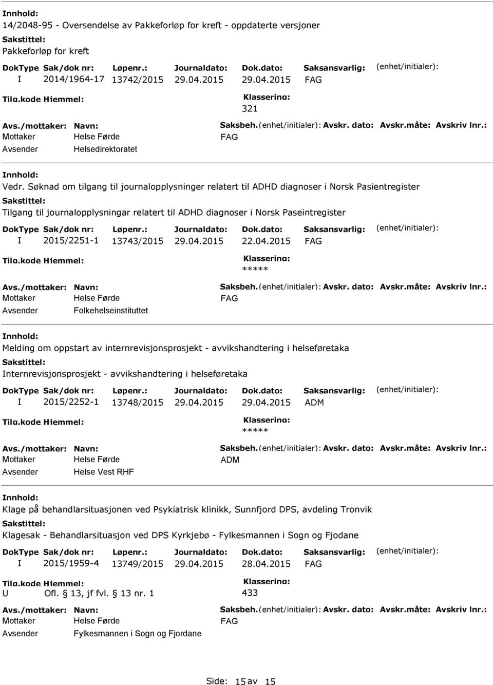 Søknad om tilgang til journalopplysninger relatert til ADHD diagnoser i Norsk Pasientregister Tilgang til journalopplysningar relatert til ADHD diagnoser i Norsk Paseintregister 2015/2251-1