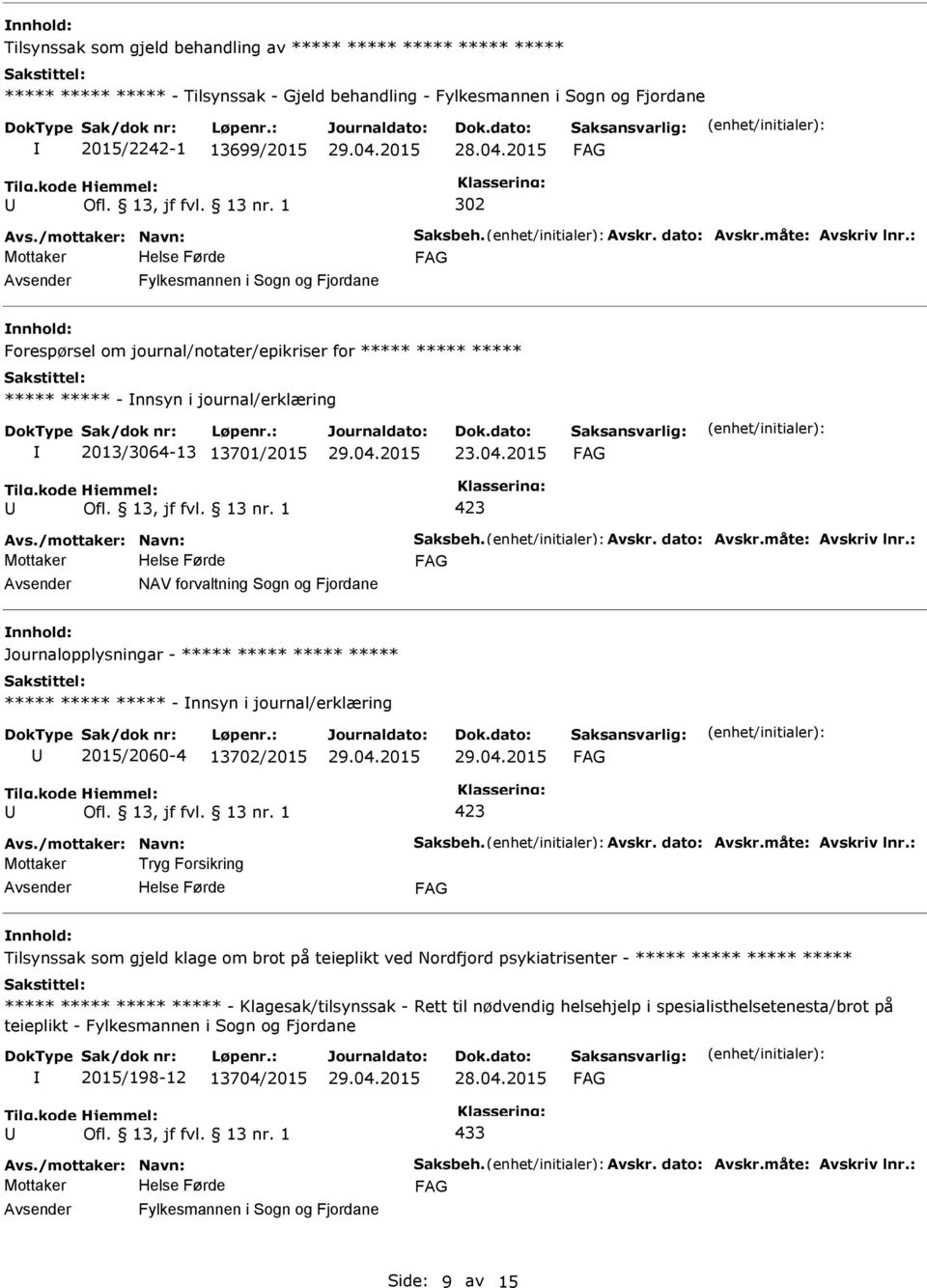 : Fylkesmannen i Sogn og Fjordane Forespørsel om journal/notater/epikriser for ***** ***** ***** ***** ***** - nnsyn i journal/erklæring 2013/3064-13 13701/2015 23.04.2015 Avs.