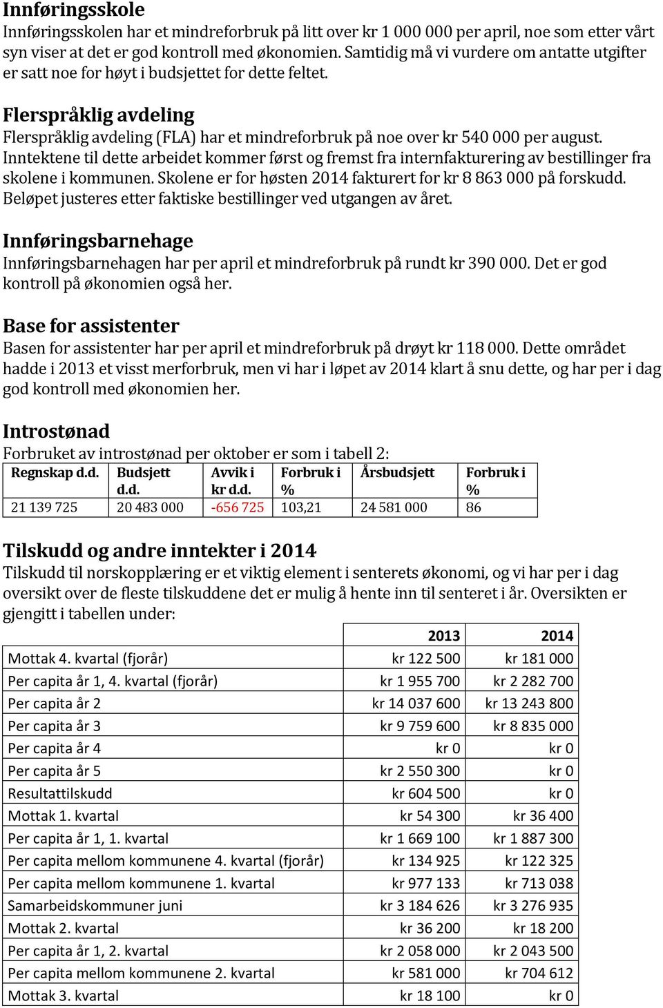 Inntektene til dette arbeidet kommer først og fremst fra internfakturering av bestillinger fra skolene i kommunen. Skolene er for høsten 2014 fakturert for kr 8 863 000 på forskudd.