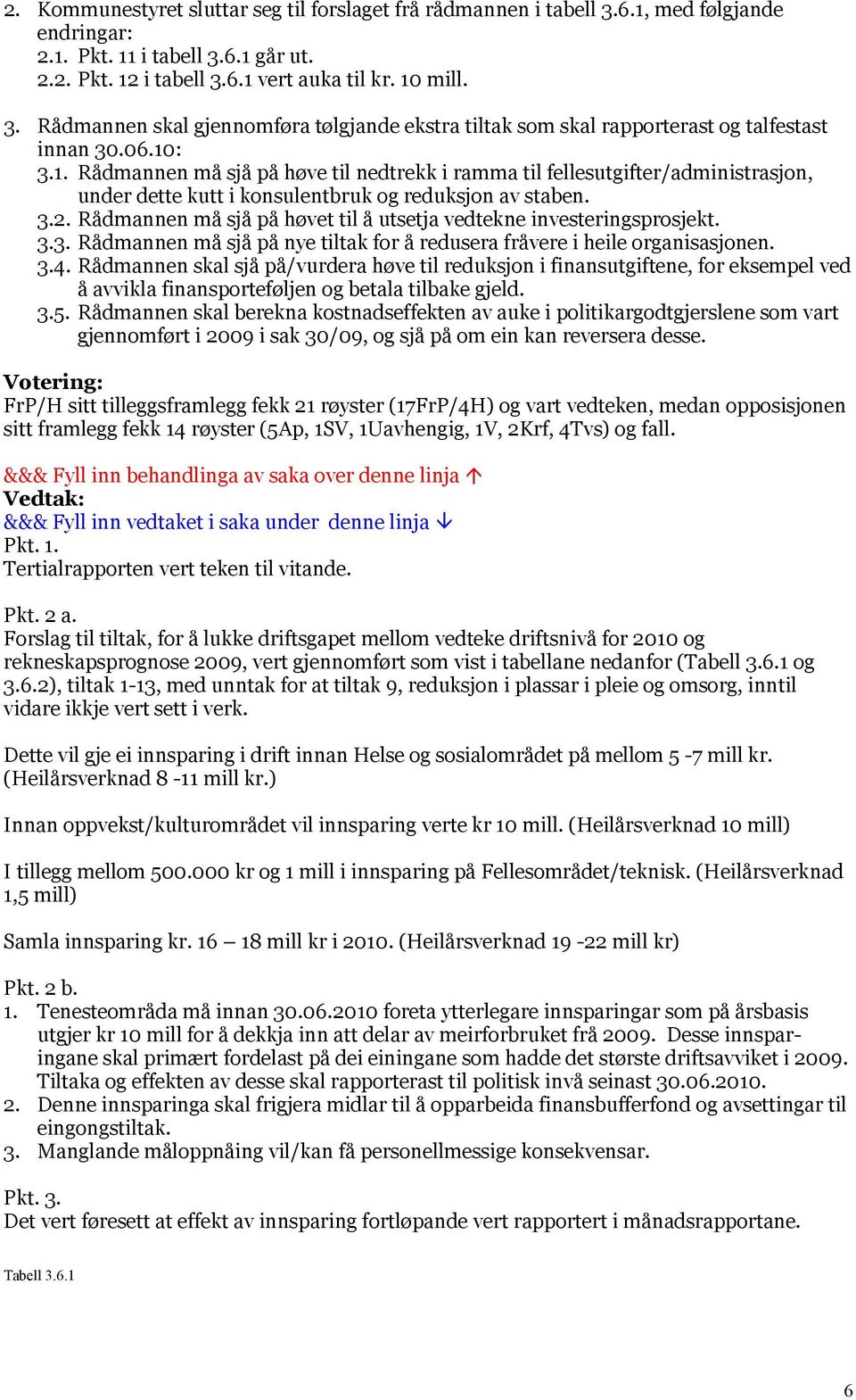 Rådmannen må sjå på høvet til å utsetja vedtekne investeringsprosjekt. 3.3. Rådmannen må sjå på nye tiltak for å redusera fråvere i heile organisasjonen. 3.4.