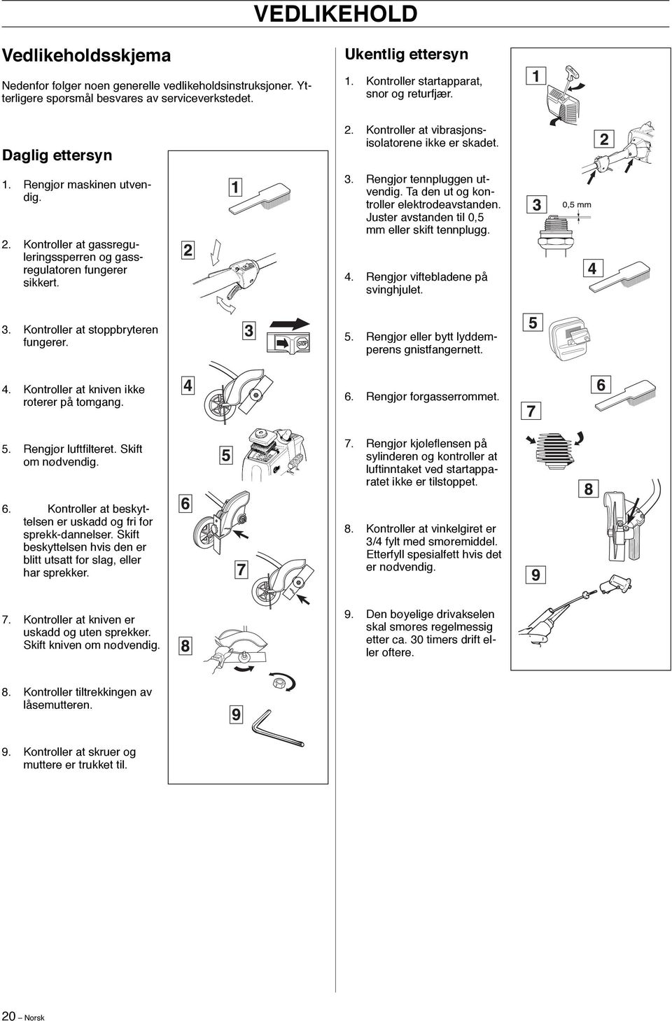 3. Rengjør tennpluggen utvendig. Ta den ut og kontroller elektrode avstanden. Juster av standen til 0,5 mm eller skift tennplugg. 4. Rengjør viftebladene på svinghjulet. 3.