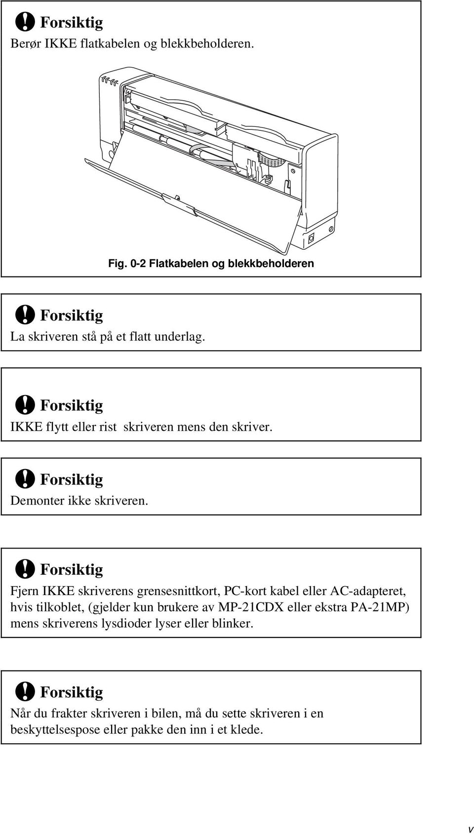 Fjern IKKE skriverens grensesnittkort, PC-kort kabel eller AC-adapteret, hvis tilkoblet, (gjelder kun brukere av MP-21CDX