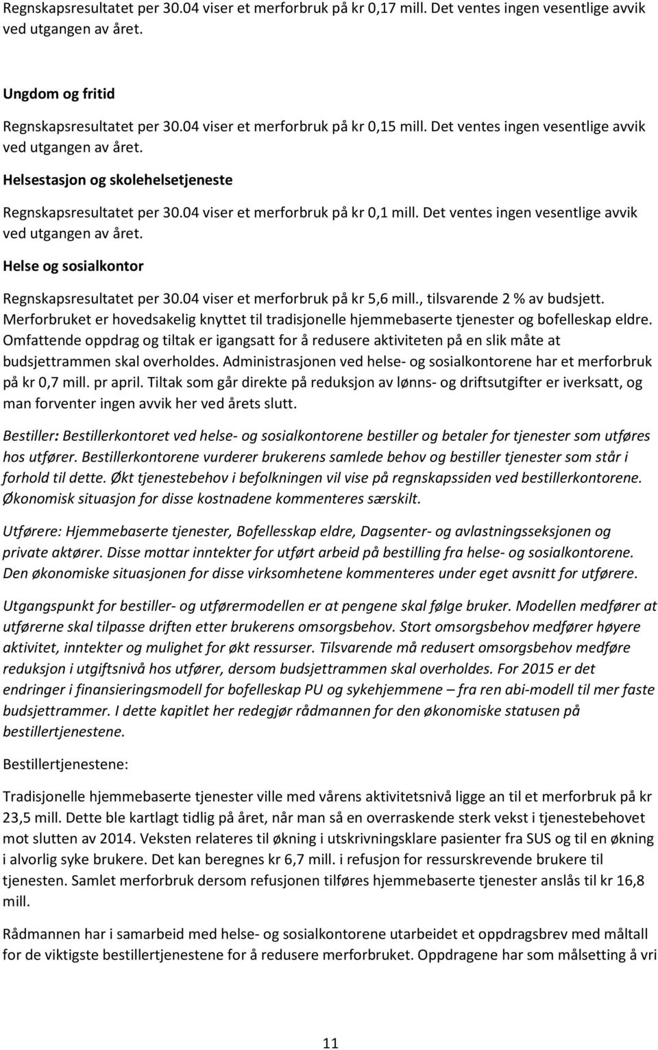 Det ventes ingen vesentlige avvik ved utgangen av året. Helse og sosialkontor Regnskapsresultatet per 30.04 viser et merforbruk på kr 5,6 mill., tilsvarende 2 % av budsjett.