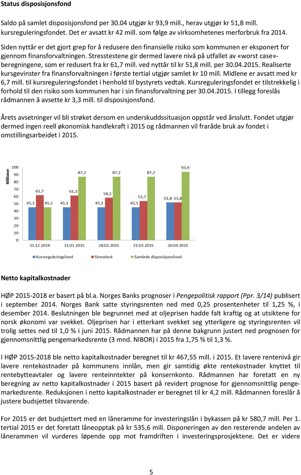 Stresstestene gir dermed lavere nivå på utfallet av «worst case»- beregningene, som er redusert fra kr 61,7 mill. ved nyttår til kr 51,8 mill. per 30.04.2015.