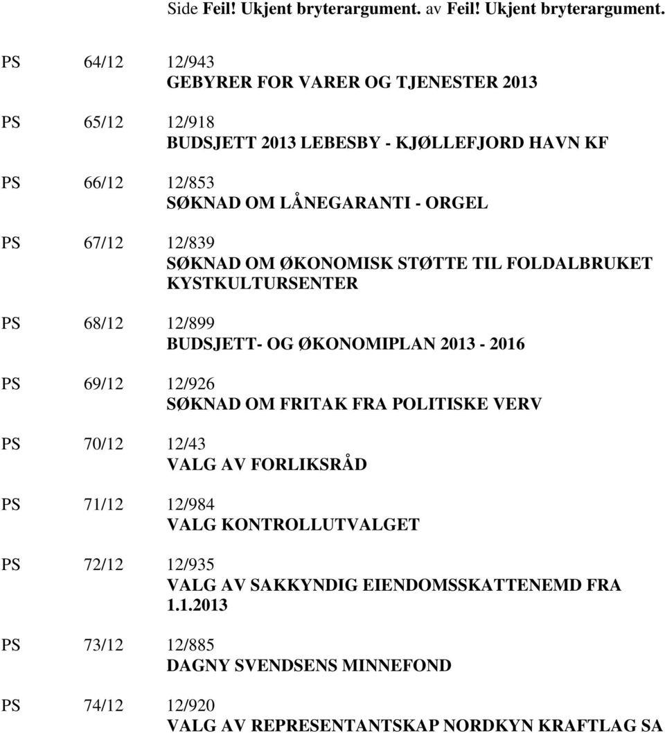 PS 64/12 12/943 GEBYRER FOR VARER OG TJENESTER 2013 PS 65/12 12/918 BUDSJETT 2013 LEBESBY - KJØLLEFJORD HAVN KF PS 66/12 12/853 SØKNAD OM LÅNEGARANTI - ORGEL PS