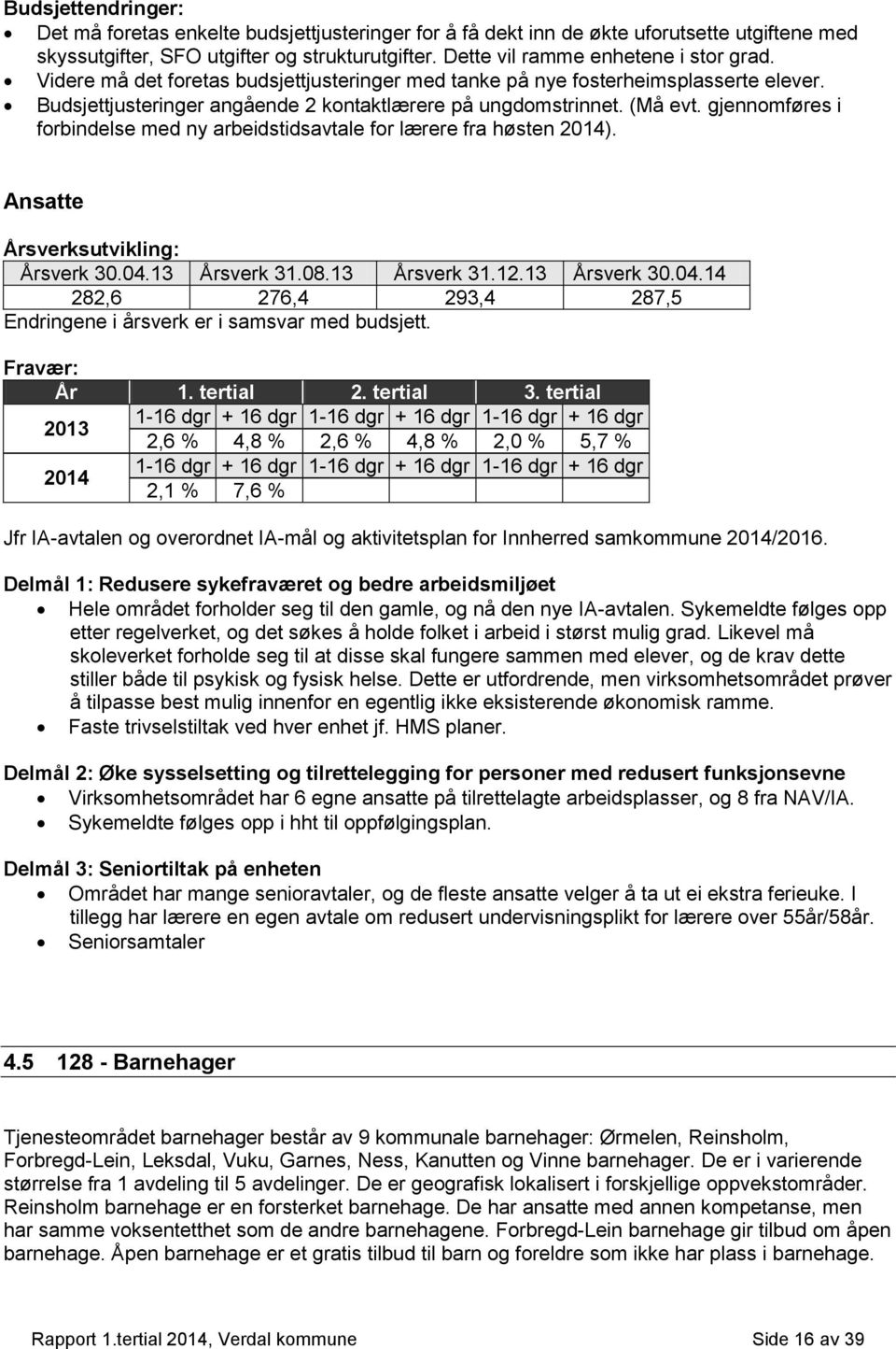 gjennomføres i forbindelse med ny arbeidstidsavtale for lærere fra høsten ). Ansatte Årsverksutvikling: Årsverk 30.04.13 Årsverk 31.08.13 Årsverk 31.12.13 Årsverk 30.04.14 282,6 276,4 293,4 287,5 Endringene i årsverk er i samsvar med.