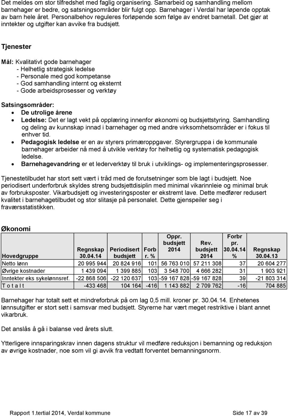 Tjenester Mål: Kvalitativt gode barnehager - Helhetlig strategisk ledelse - Personale med god kompetanse - God samhandling internt og eksternt - Gode arbeidsprosesser og verktøy Satsingsområder: De