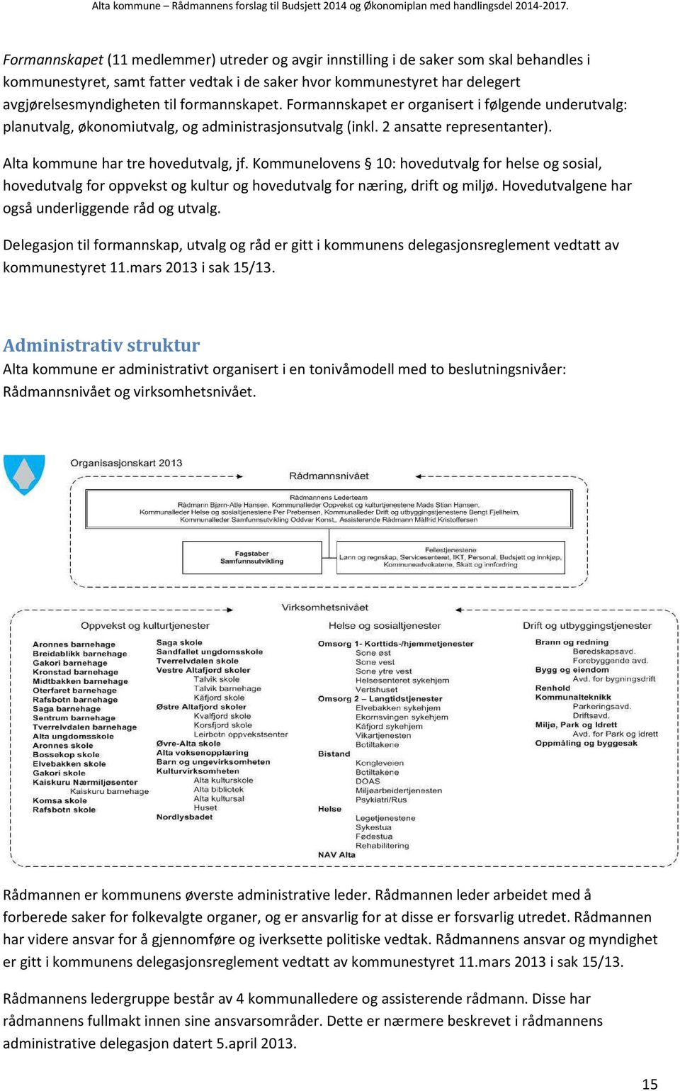 Kommunelovens 10: hovedutvalg for helse og sosial, hovedutvalg for oppvekst og kultur og hovedutvalg for næring, drift og miljø. Hovedutvalgene har også underliggende råd og utvalg.