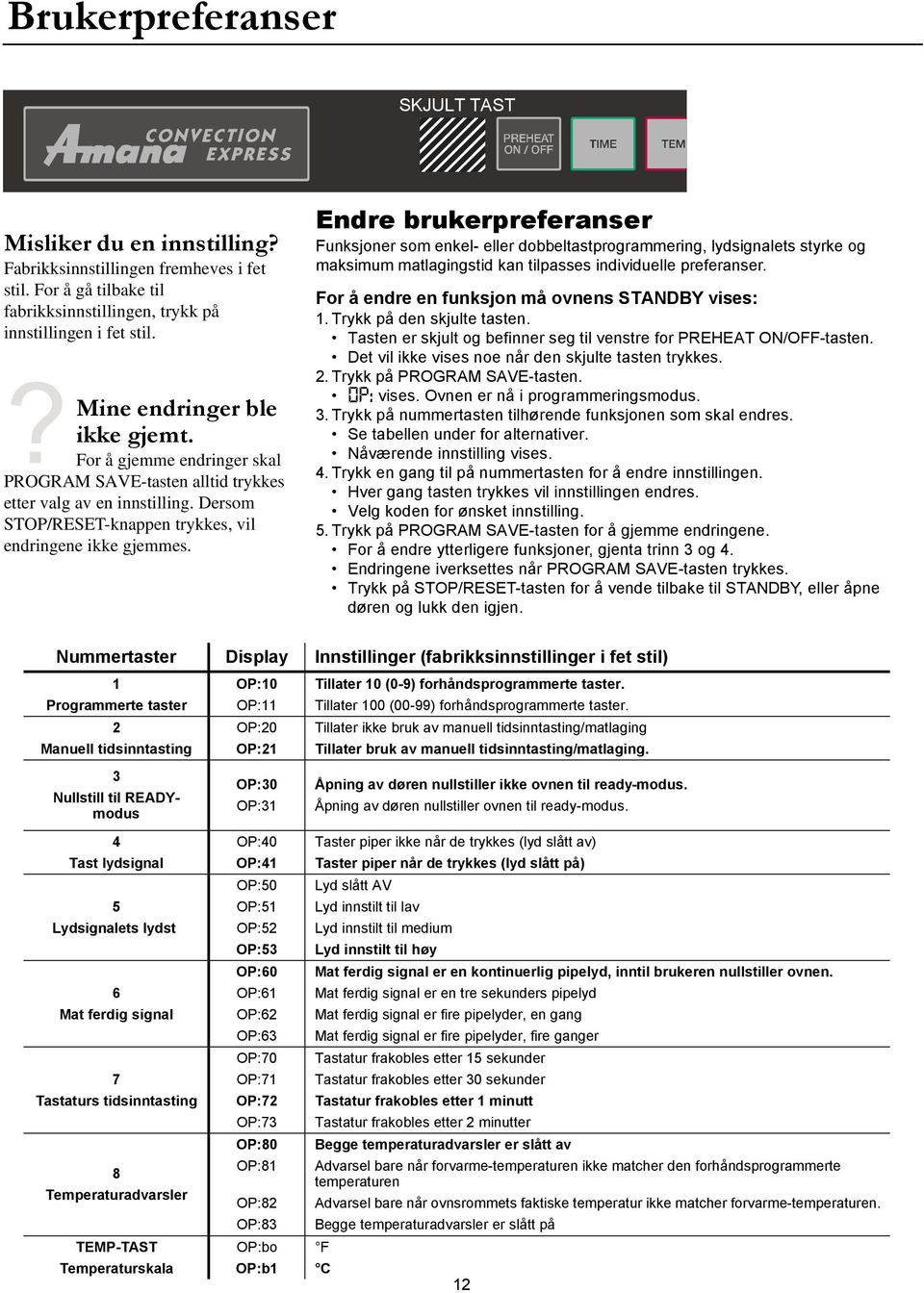 Endre brukerpreferanser Funksjoner som enkel- eller dobbeltastprogrammering, lydsignalets styrke og maksimum matlagingstid kan tilpasses individuelle preferanser.