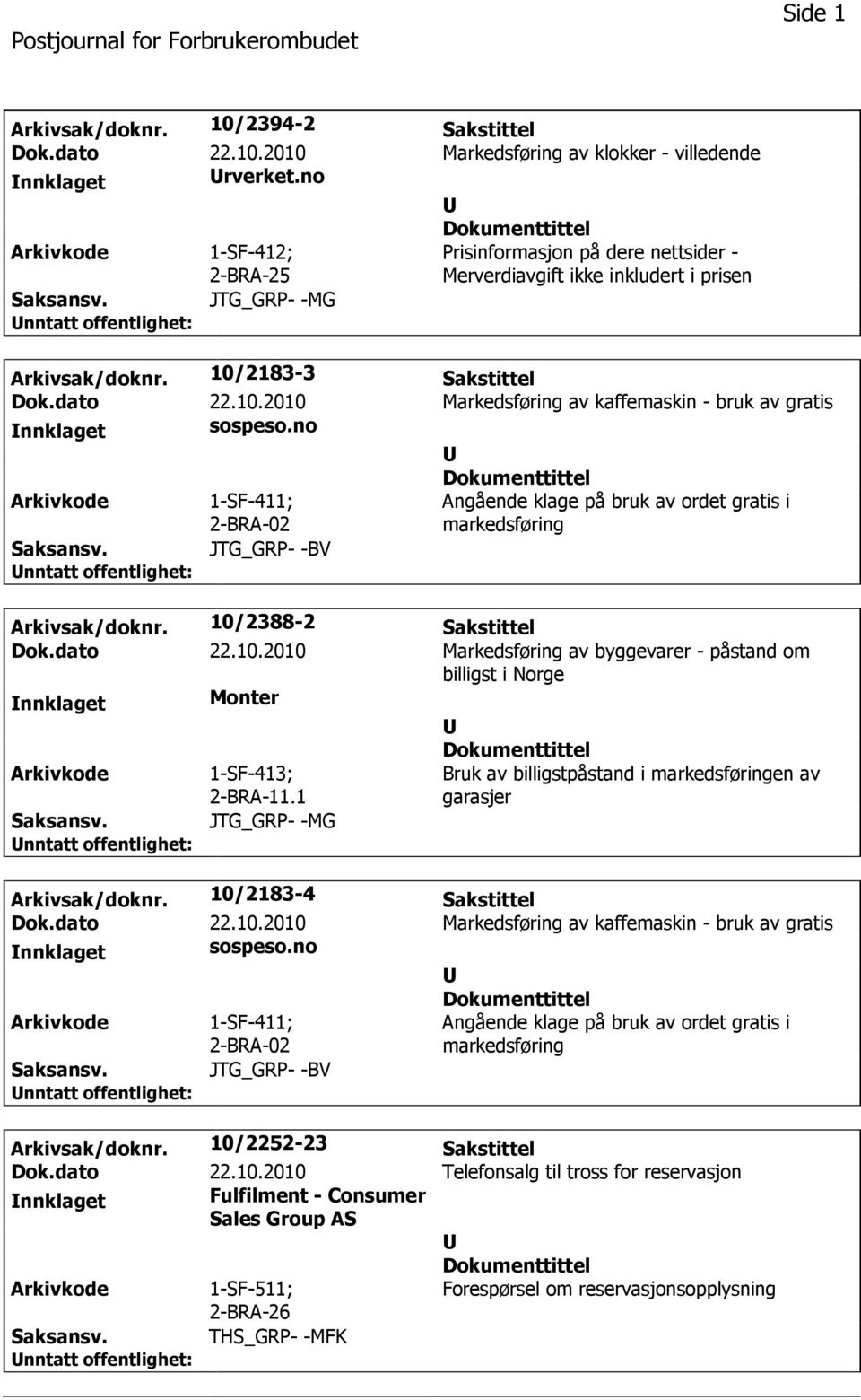 no 1-SF-411; 2-BRA-02 Angående klage på bruk av ordet gratis i markedsføring JTG_GRP- -BV Arkivsak/doknr. 10/