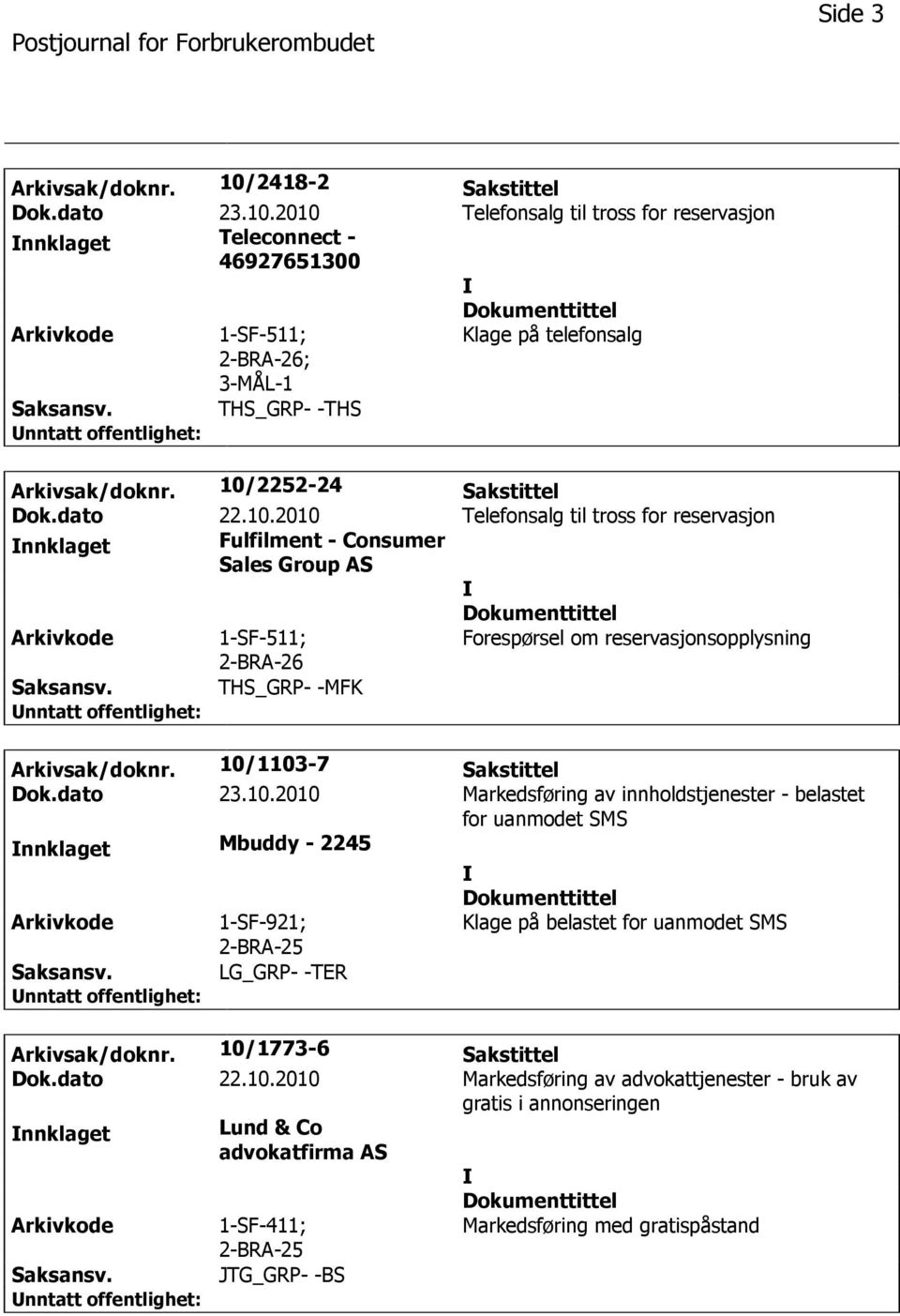 10/1103-7 Sakstittel Dok.dato 23.10.2010 Markedsføring av innholdstjenester - belastet for uanmodet SMS nnklaget Mbuddy - 2245 1-SF-921; Klage på belastet for uanmodet SMS LG_GRP- -TER Arkivsak/doknr.