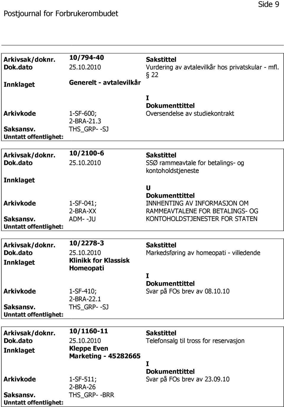 2100-6 Sakstittel Dok.dato 25.10.2010 SSØ rammeavtale for betalings- og kontoholdstjeneste nnklaget 1-SF-041; 2-BRA-XX ADM- -J NNHENTNG AV NFORMASJON OM RAMMEAVTALENE FOR BETALNGS- OG