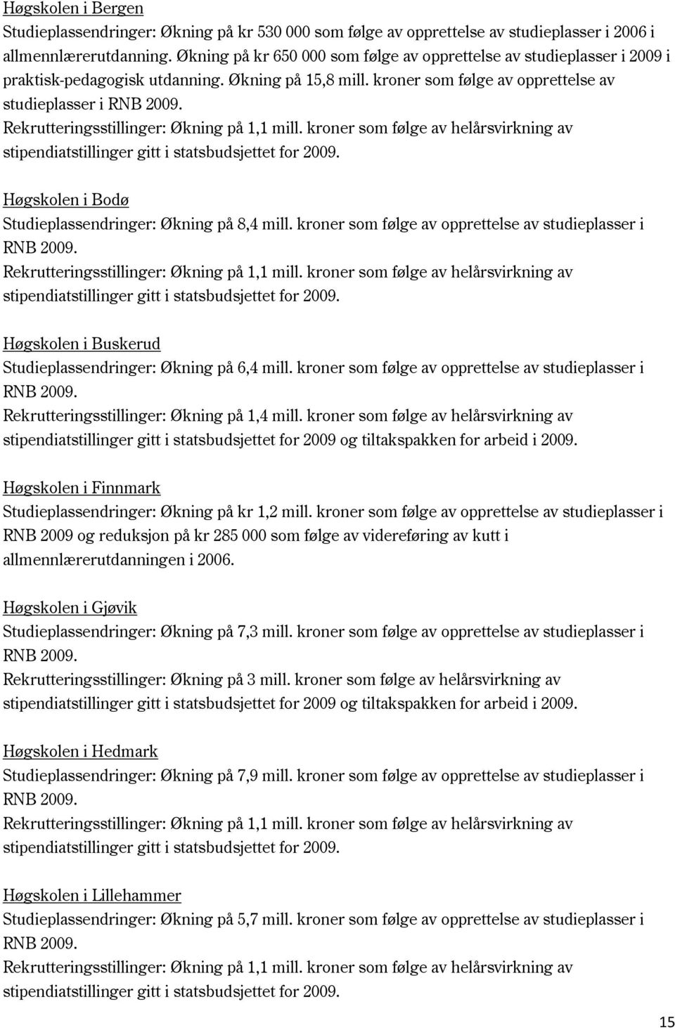 Rekrutteringsstillinger: Økning på 1,1 mill. kroner som følge av helårsvirkning av stipendiatstillinger gitt i statsbudsjettet for 2009. Høgskolen i Bodø Studieplassendringer: Økning på 8,4 mill.