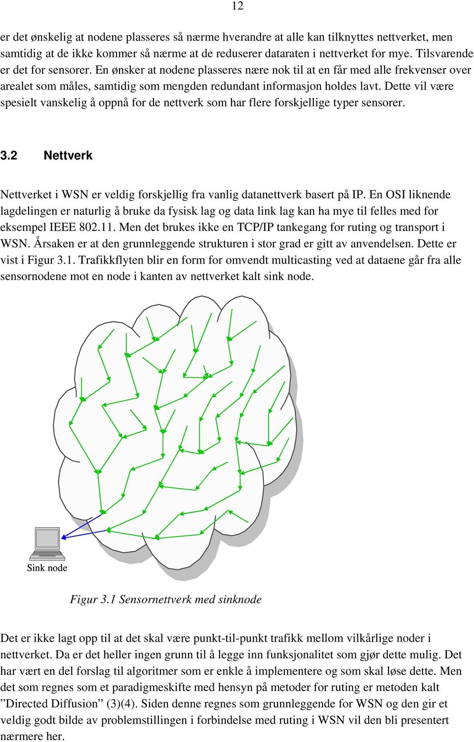 Dette vil være spesielt vanskelig å oppnå for de nettverk som har flere forskjellige typer sensorer. 3.2 Nettverk Nettverket i WSN er veldig forskjellig fra vanlig datanettverk basert på IP.