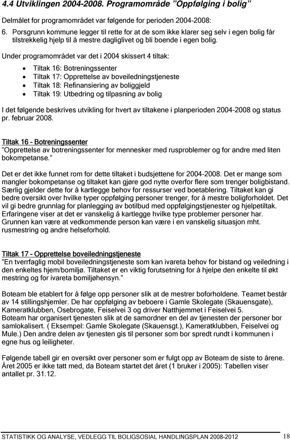 Under programområdet var det i 2004 skissert 4 tiltak: Tiltak 16: Botreningssenter Tiltak 17: Opprettelse av boveiledningstjeneste Tiltak 18: Refinansiering av boliggjeld Tiltak 19: Utbedring og