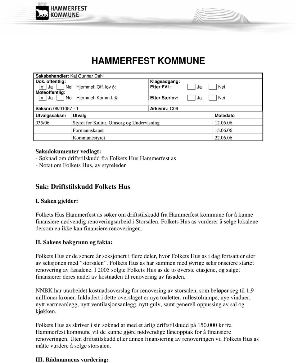 Saken gjelder: Folkets Hus Hammerfest as søker om driftstilskudd fra Hammerfest kommune for å kunne finansiere nødvendig renoveringsarbeid i Storsalen.