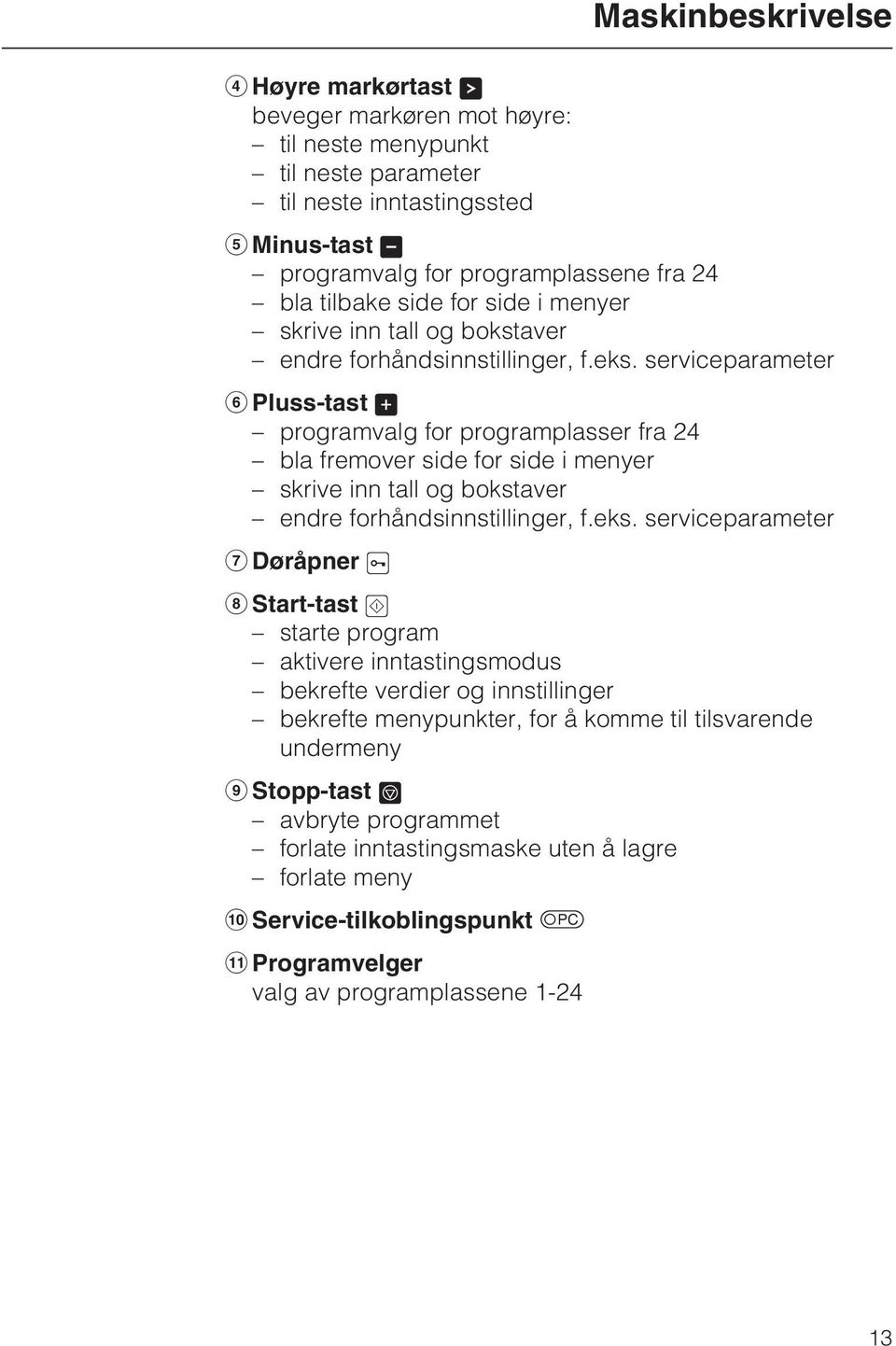 serviceparameter f Pluss-tast 4 programvalg for programplasser fra 24 bla fremover  serviceparameter g Døråpner 5 h Start-tast 6 starte program aktivere inntastingsmodus bekrefte verdier og