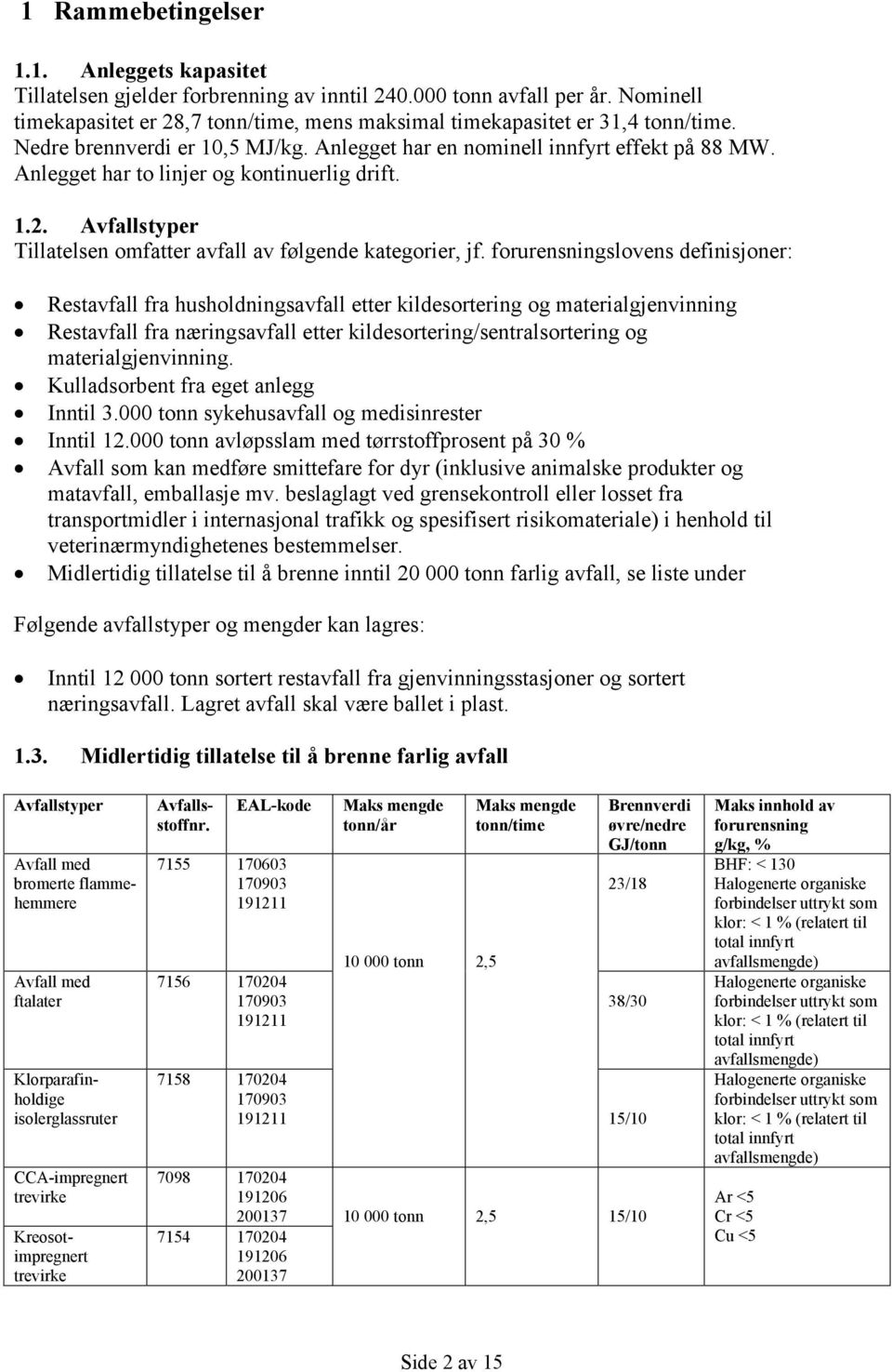 Anlegget har to linjer og kontinuerlig drift. 1.2. Avfallstyper Tillatelsen omfatter avfall av følgende kategorier, jf.