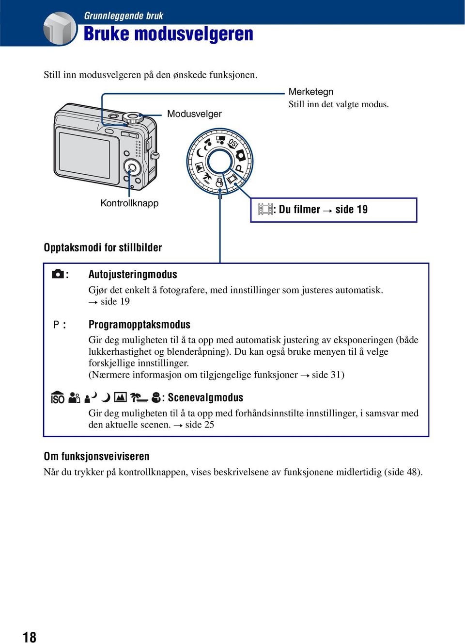 t side 19 : Programopptaksmodus Gir deg muligheten til å ta opp med automatisk justering av eksponeringen (både lukkerhastighet og blenderåpning).