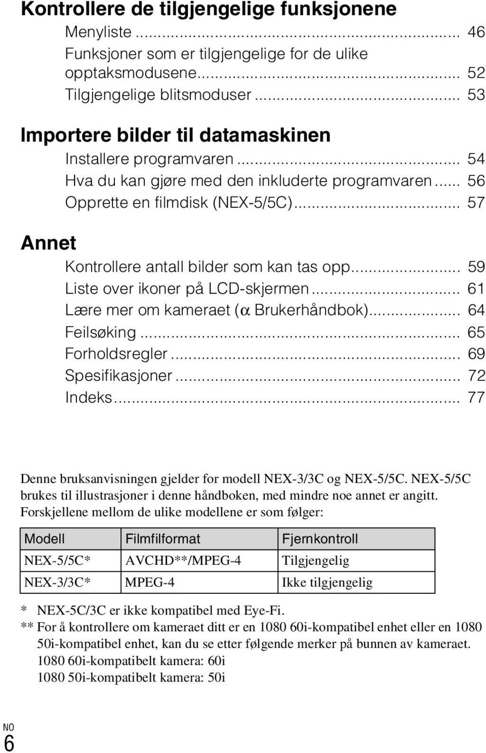 .. 57 Annet Kontrollere antall bilder som kan tas opp... 59 Liste over ikoner på LCD-skjermen... 61 Lære mer om kameraet (α Brukerhåndbok)... 64 Feilsøking... 65 Forholdsregler... 69 Spesifikasjoner.