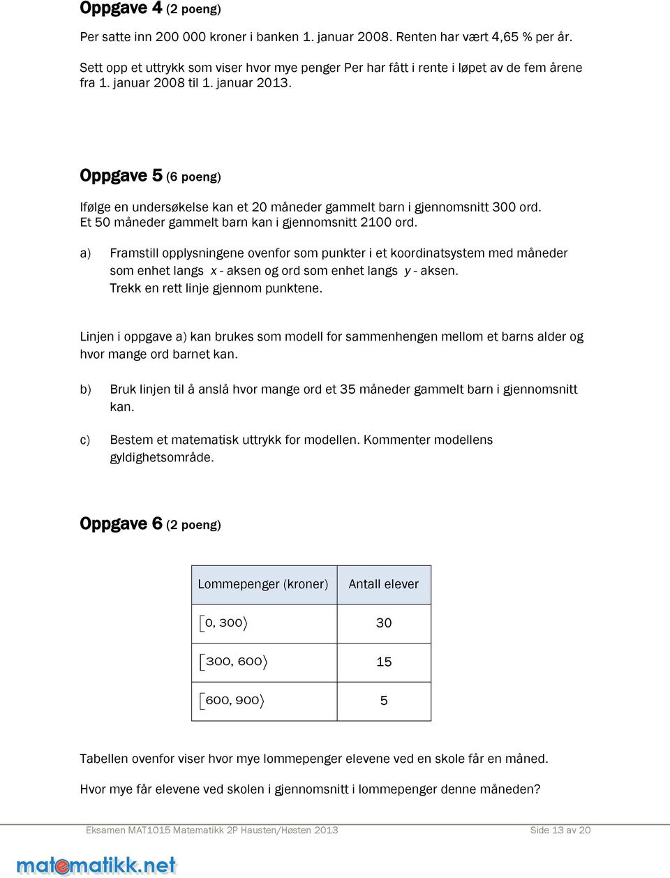 Oppgave 5 (6 poeng) Ifølge en undersøkelse kan et 20 måneder gammelt barn i gjennomsnitt 300 ord. Et 50 måneder gammelt barn kan i gjennomsnitt 2100 ord.