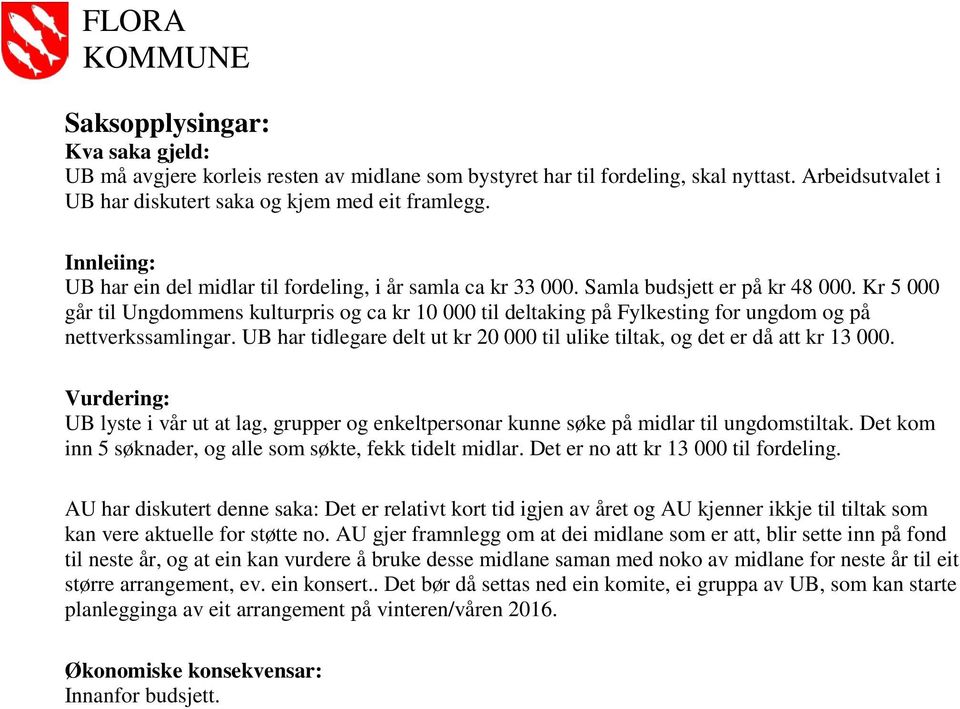 Kr 5 000 går til Ungdommens kulturpris og ca kr 10 000 til deltaking på Fylkesting for ungdom og på nettverkssamlingar. UB har tidlegare delt ut kr 20 000 til ulike tiltak, og det er då att kr 13 000.