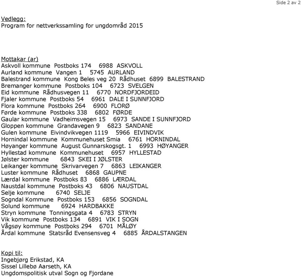 FLORØ Førde kommune Postboks 338 6802 FØRDE Gaular kommune Vadheimsvegen 15 6973 SANDE I SUNNFJORD Gloppen kommune Grandavegen 9 6823 SANDANE Gulen kommune Eivindvikvegen 1119 5966 EIVINDVIK