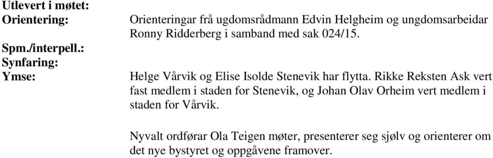 med sak 024/15. Helge Vårvik og Elise Isolde Stenevik har flytta.