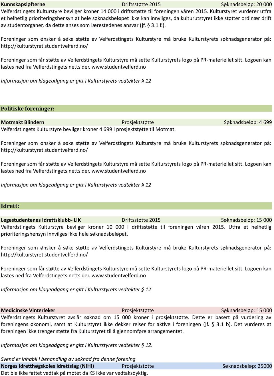 ansvar (jf. 3.1 f.). Politiske foreninger: Motmakt Blindern Prosjektstøtte Søknadsbeløp: 4 699 Velferdstingets Kulturstyre bevilger kroner 4 699 i prosjektstøtte til Motmat.