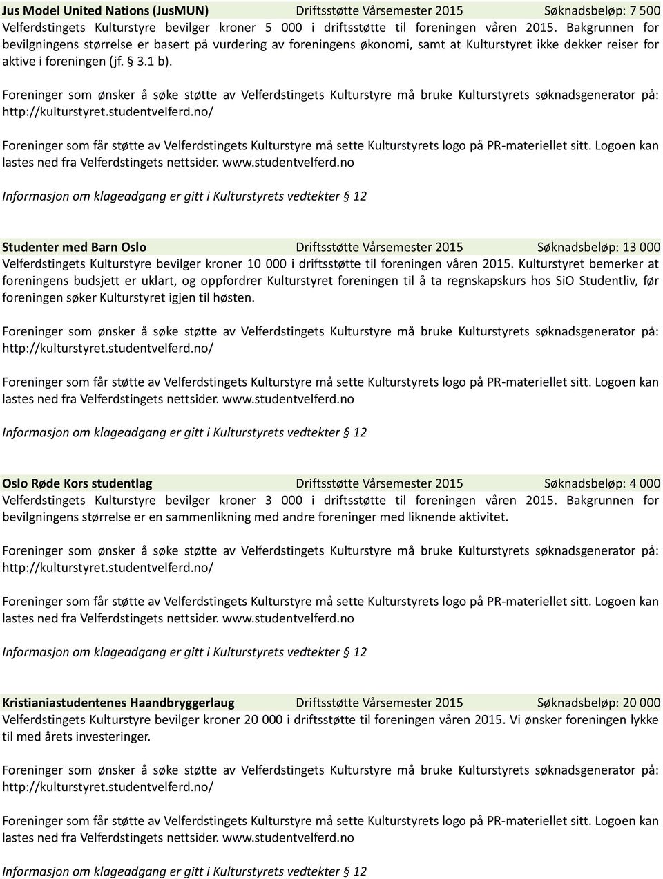 Studenter med Barn Oslo Driftsstøtte Vårsemester 2015 Søknadsbeløp: 13 000 Velferdstingets Kulturstyre bevilger kroner 10 000 i driftsstøtte til foreningen våren 2015.