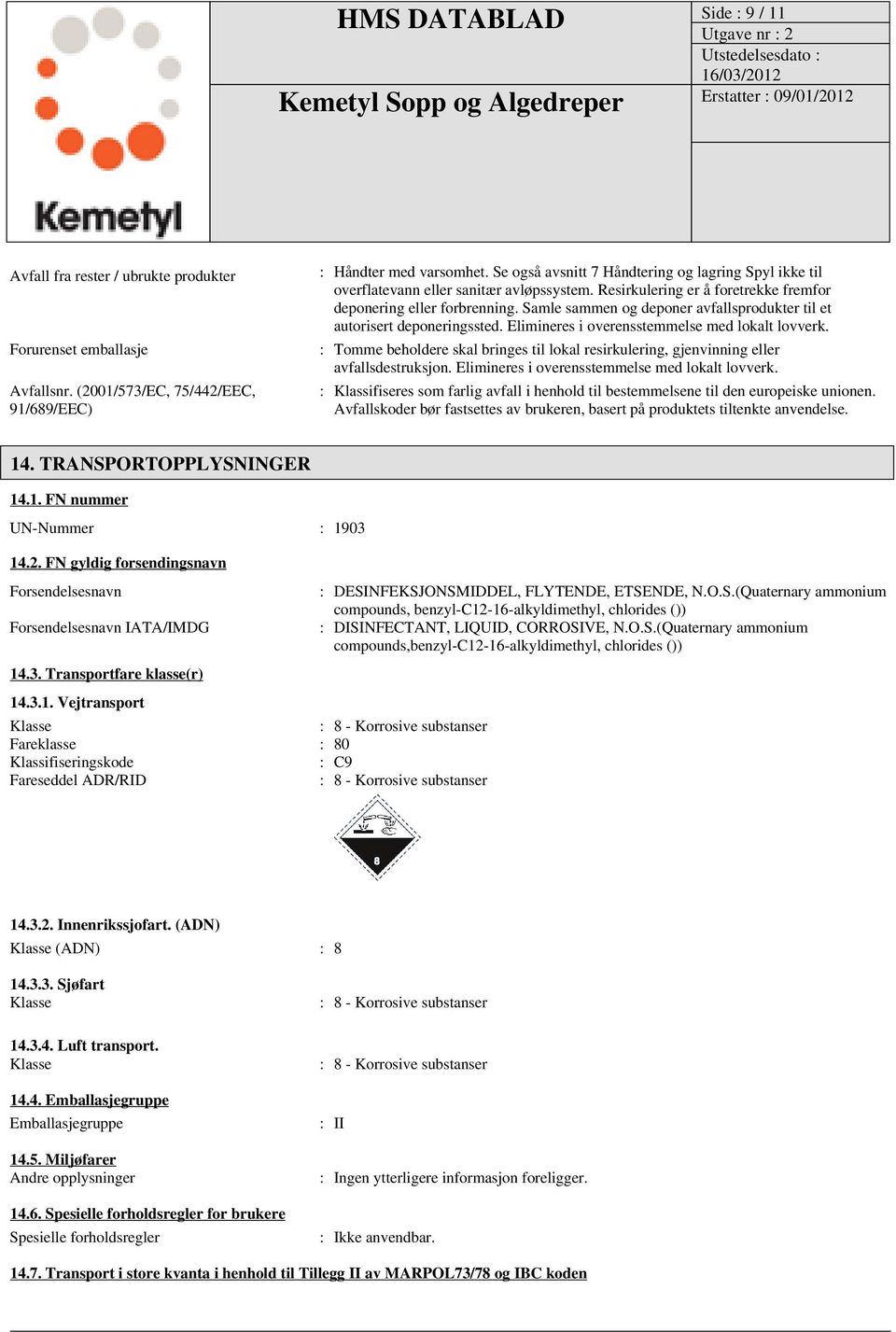 Samle sammen og deponer avfallsprodukter til et autorisert deponeringssted. Elimineres i overensstemmelse med lokalt lovverk.