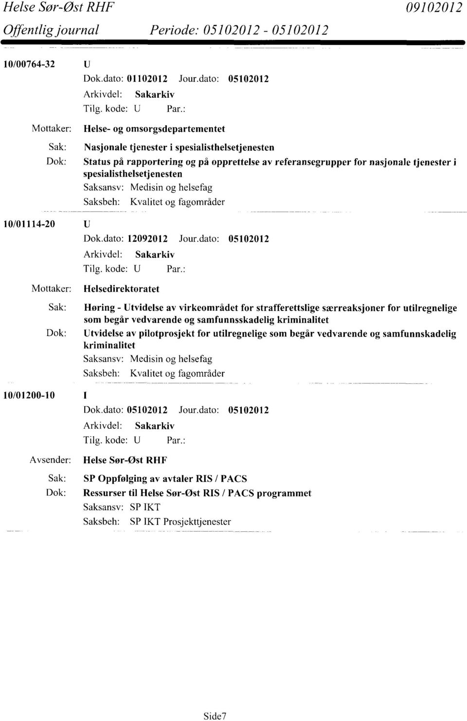 spesialisthelsetjenesten Saksansv: Medisin og helsefag Saksbeh: Kvalitet og fagområder Dok.dato: 12092012 Jour.