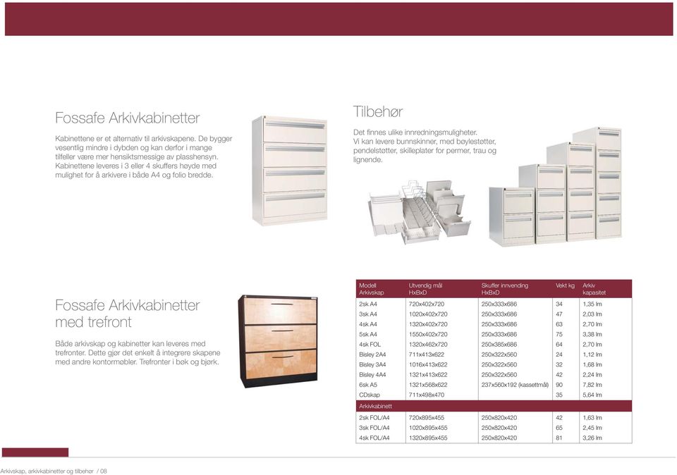 Vi kan levere bunnskinner, med bøylestøtter, pendelstøtter, skilleplater for permer, trau og lignende. Fossafe Arkivkabinetter med trefront Både arkivskap og kabinetter kan leveres med trefronter.