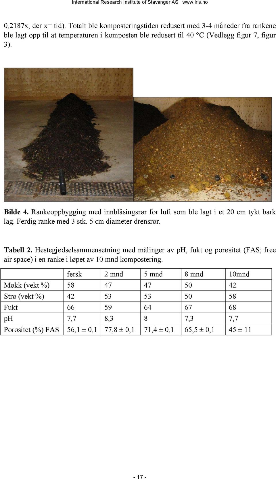 Bilde 4. Rankeoppbygging med innblåsingsrør for luft som ble lagt i et 20 cm tykt bark lag. Ferdig ranke med 3 stk. 5 cm diameter drensrør. Tabell 2.