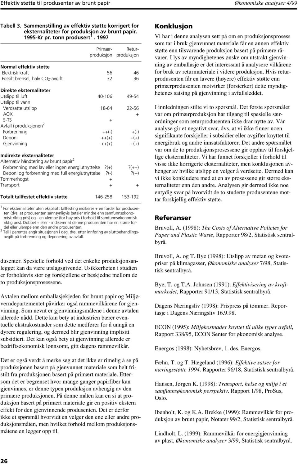 1997 Retur- produksjon Primærproduksjon Normal effektiv støtte Elektrisk kraft 56 46 Fossilt brensel, halv CO2-avgift 3236 Direkte eksternaliteter Utslipp til luft 40-106 49-54 Utslipp til vann