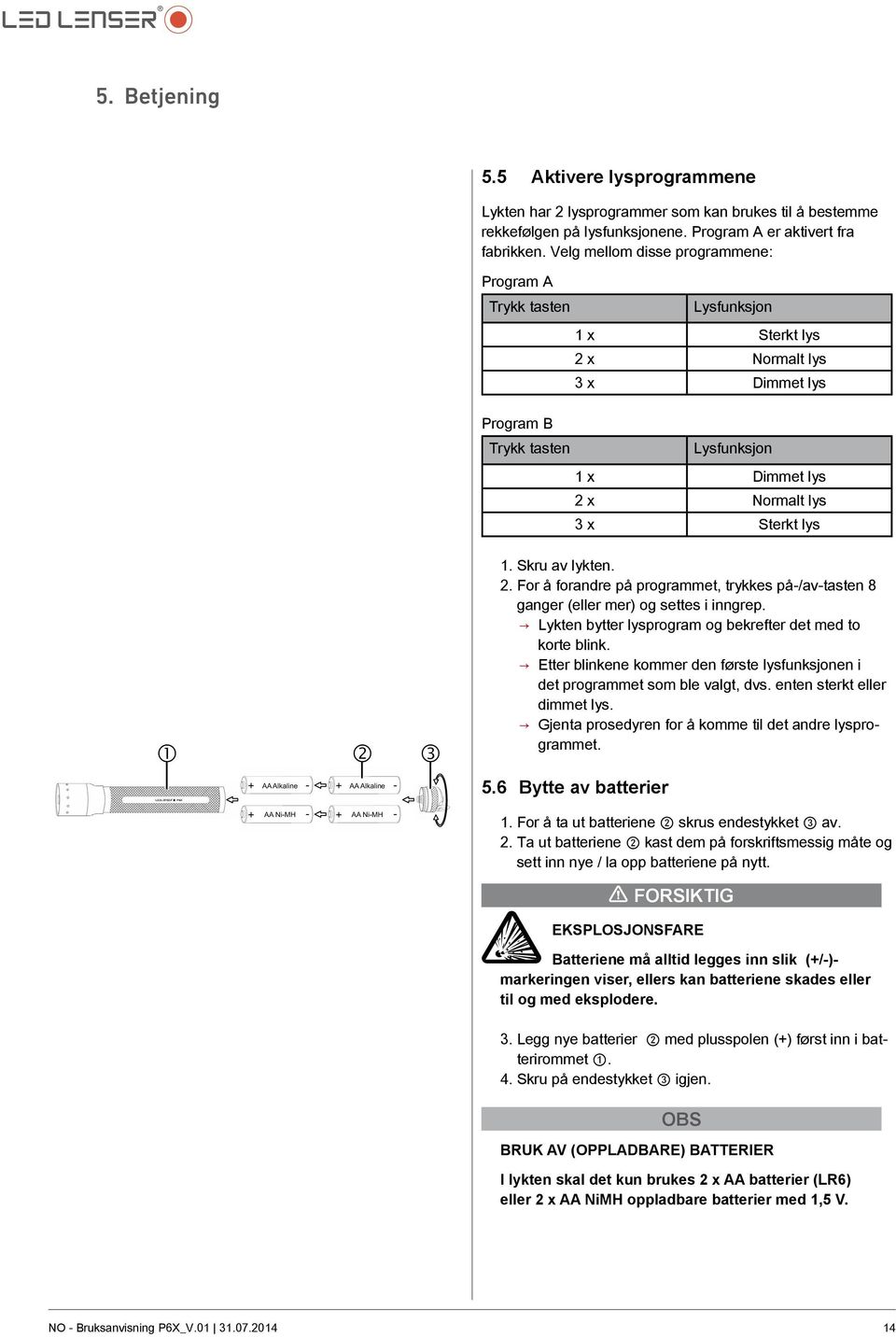 1. Skru av lykten. 2. For å forandre på programmet, trykkes på-/av-tasten 8 ganger (eller mer) og settes i inngrep. Lykten bytter lysprogram og bekrefter det med to korte blink.