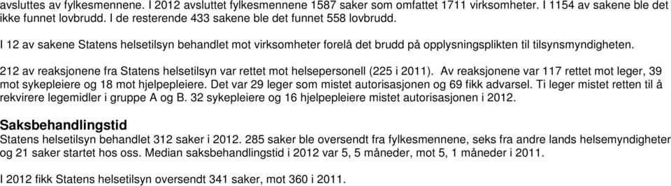 212 av reaksjonene fra Statens helsetilsyn var rettet mot helsepersonell (225 i 2011). Av reaksjonene var 117 rettet mot leger, 39 mot sykepleiere og 18 mot hjelpepleiere.