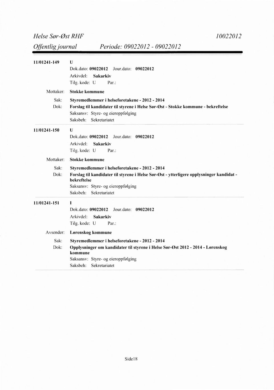 Sekretariatet Tilg. kode: U Mottaker: Stokke kommune 11/01241-151 I Par.