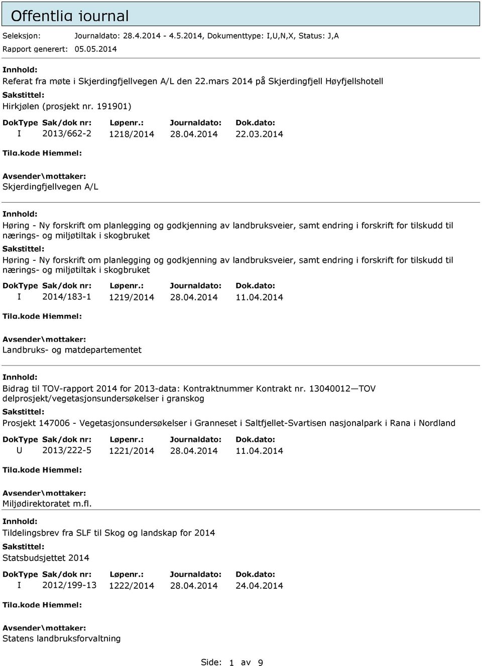 2014 Skjerdingfjellvegen A/L Høring - Ny forskrift om planlegging og godkjenning av landbruksveier, samt endring i forskrift for tilskudd til nærings- og miljøtiltak i skogbruket Høring - Ny